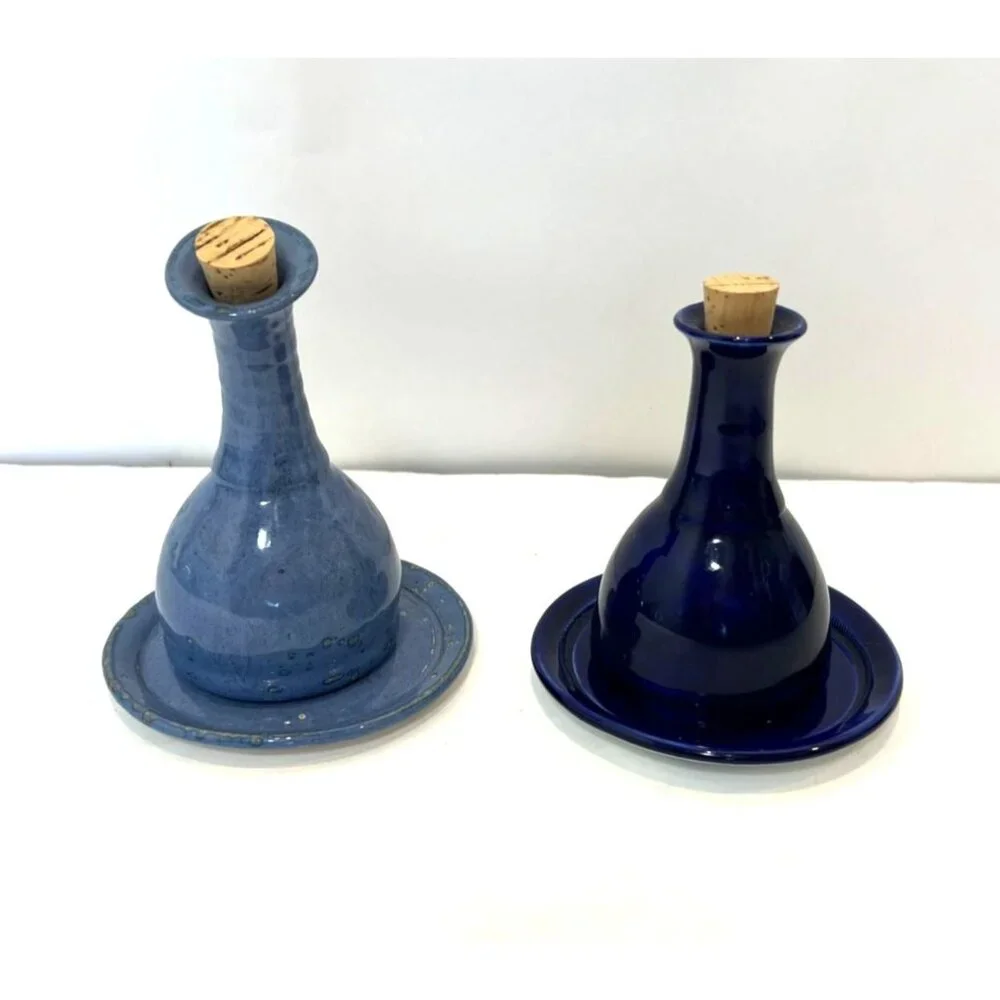 Kazooti Clay Studios Oil Vinegar Cruet Bottle Set With Corks & Matching Plates